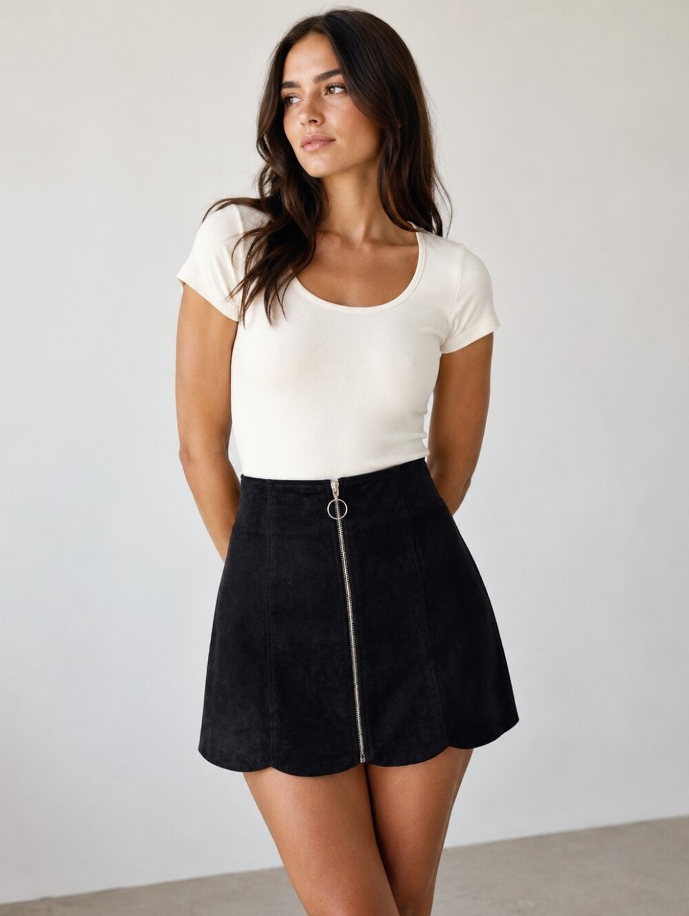 Monki Black Genuine Suede Mini Skirt - Size EU 36 / US S (Scalloped Hem)